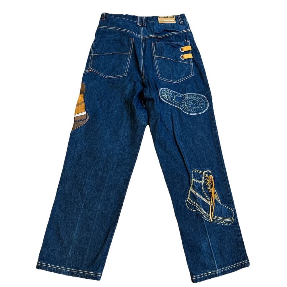 VTG Raw Blue W34 Baggy Loose Fit Embroidered Footprint Skate Streetwear Jeans